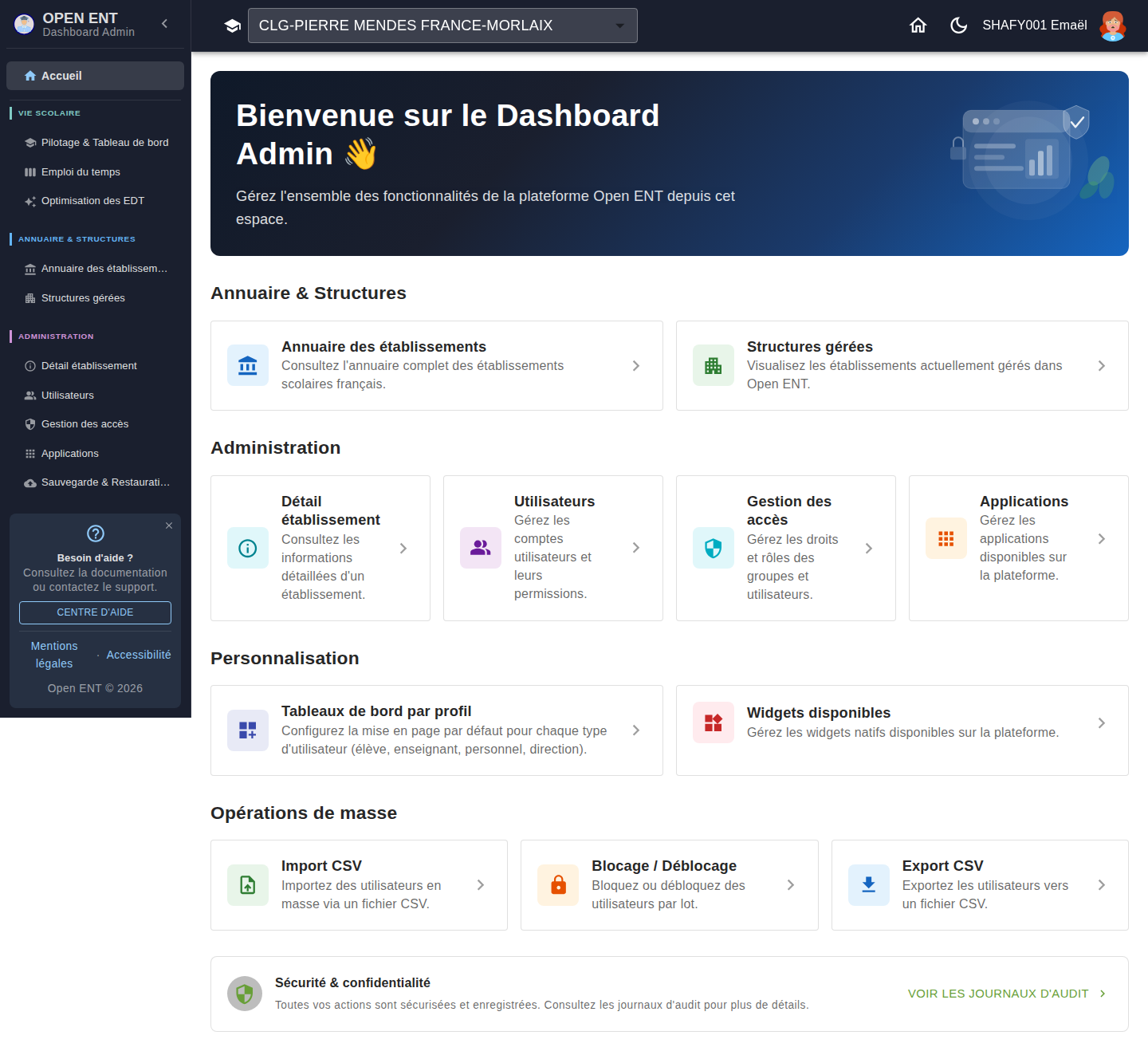Accueil du Dashboard Admin — annuaire & structures, administration, personnalisation, opérations de masse