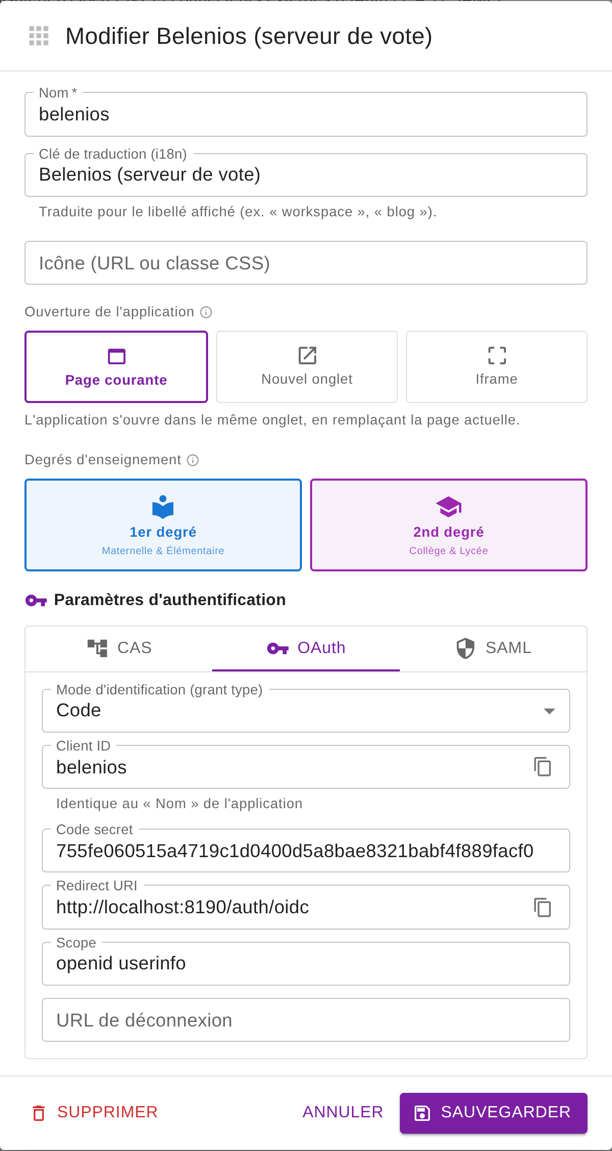 Connecteur externe — onglets CAS / OAuth / SAML ; l'onglet OAuth présente grant type, Client ID, secret, Redirect URI et scope