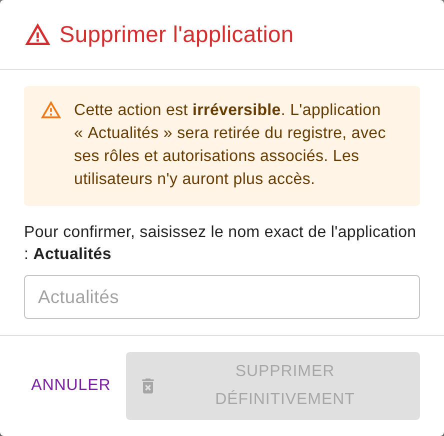 Suppression protégée — il faut resaisir le nom exact pour activer « Supprimer définitivement »