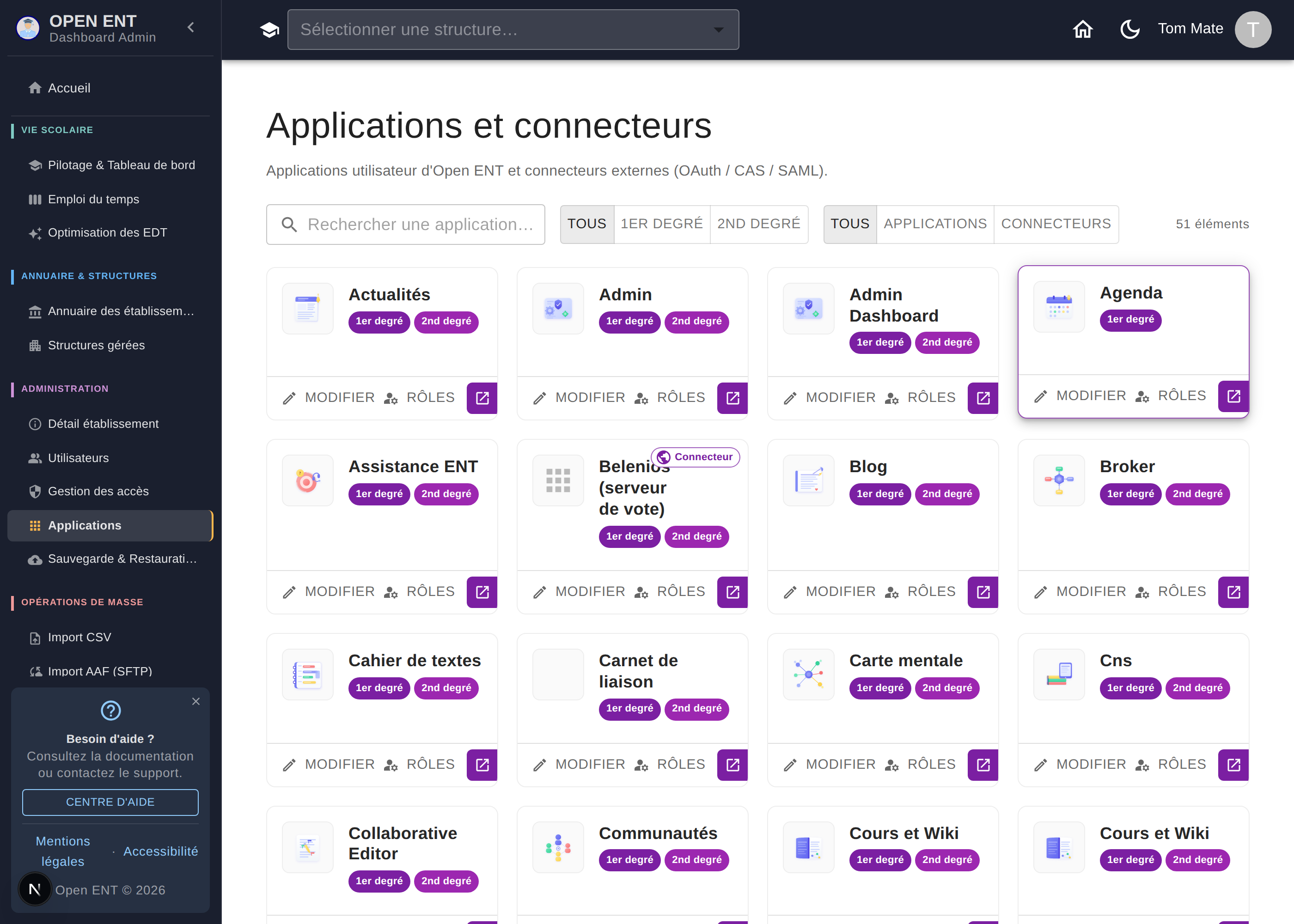 Applications et connecteurs — recherche, filtres (degré, Applications/Connecteurs), tri alphabétique ; les connecteurs portent une puce « Connecteur »