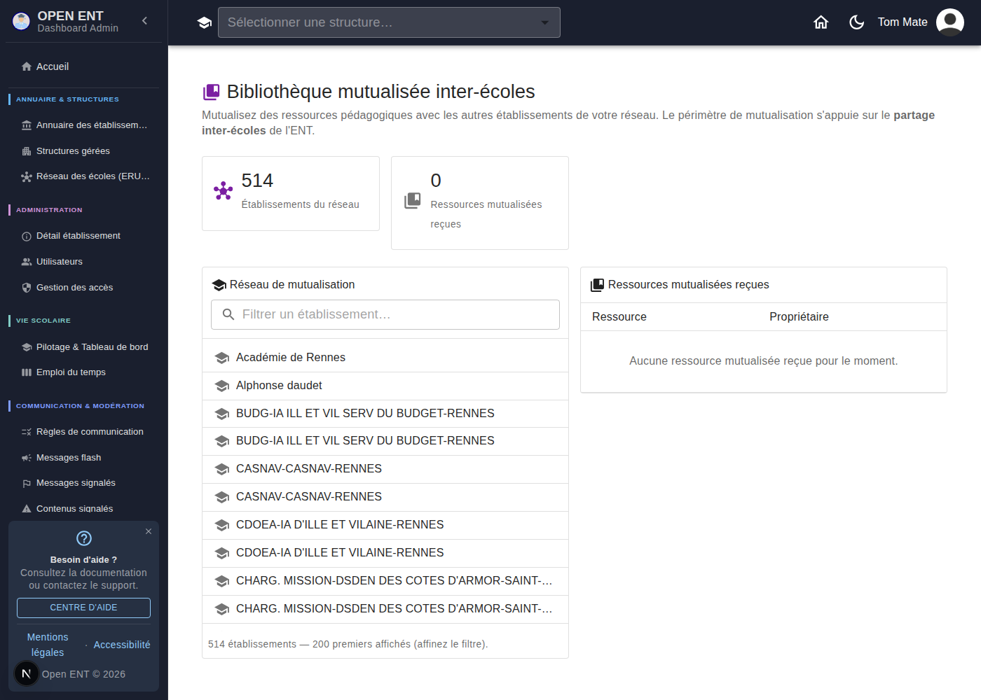 Bibliothèque mutualisée : réseau d'établissements de mutualisation (avec filtre) et ressources mutualisées reçues