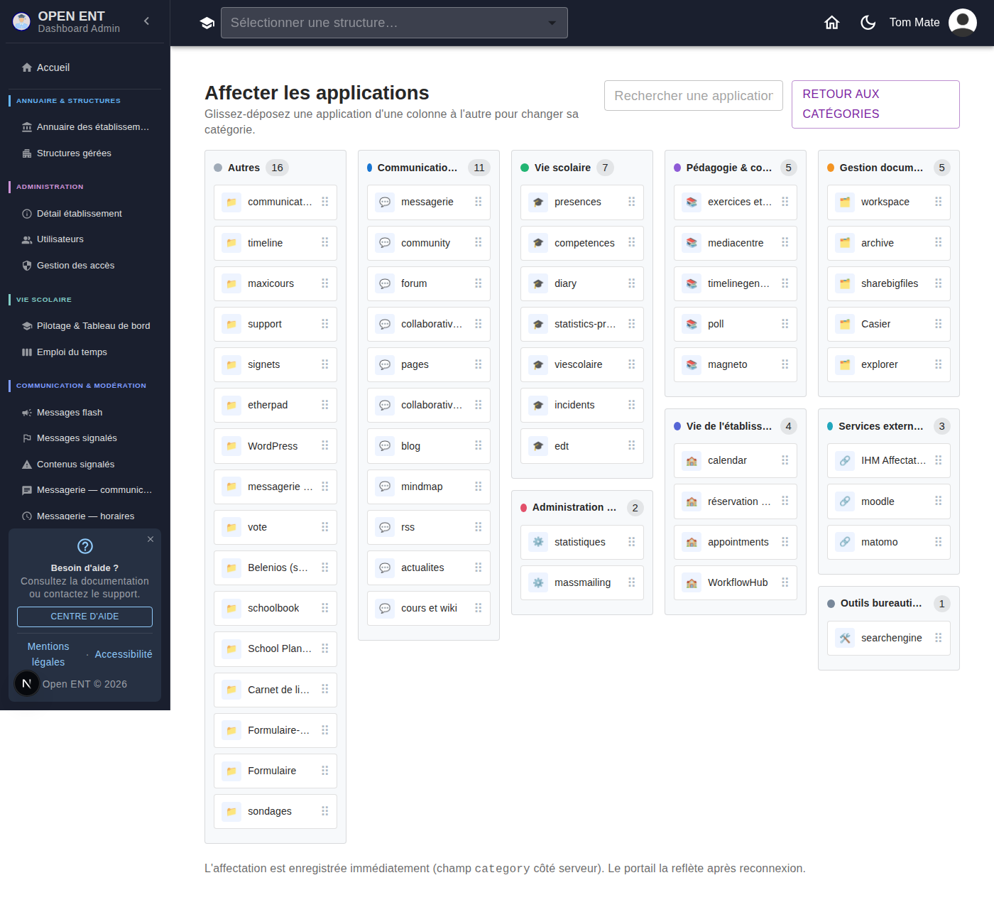 Affectation par glisser-déposer : chaque application est rangée dans une catégorie