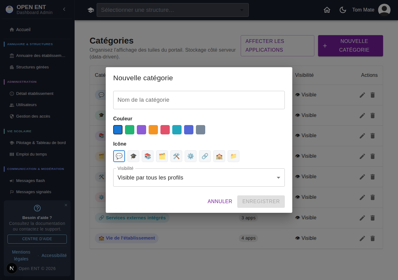 Création / modification d'une catégorie : nom, couleur, icône, visibilité