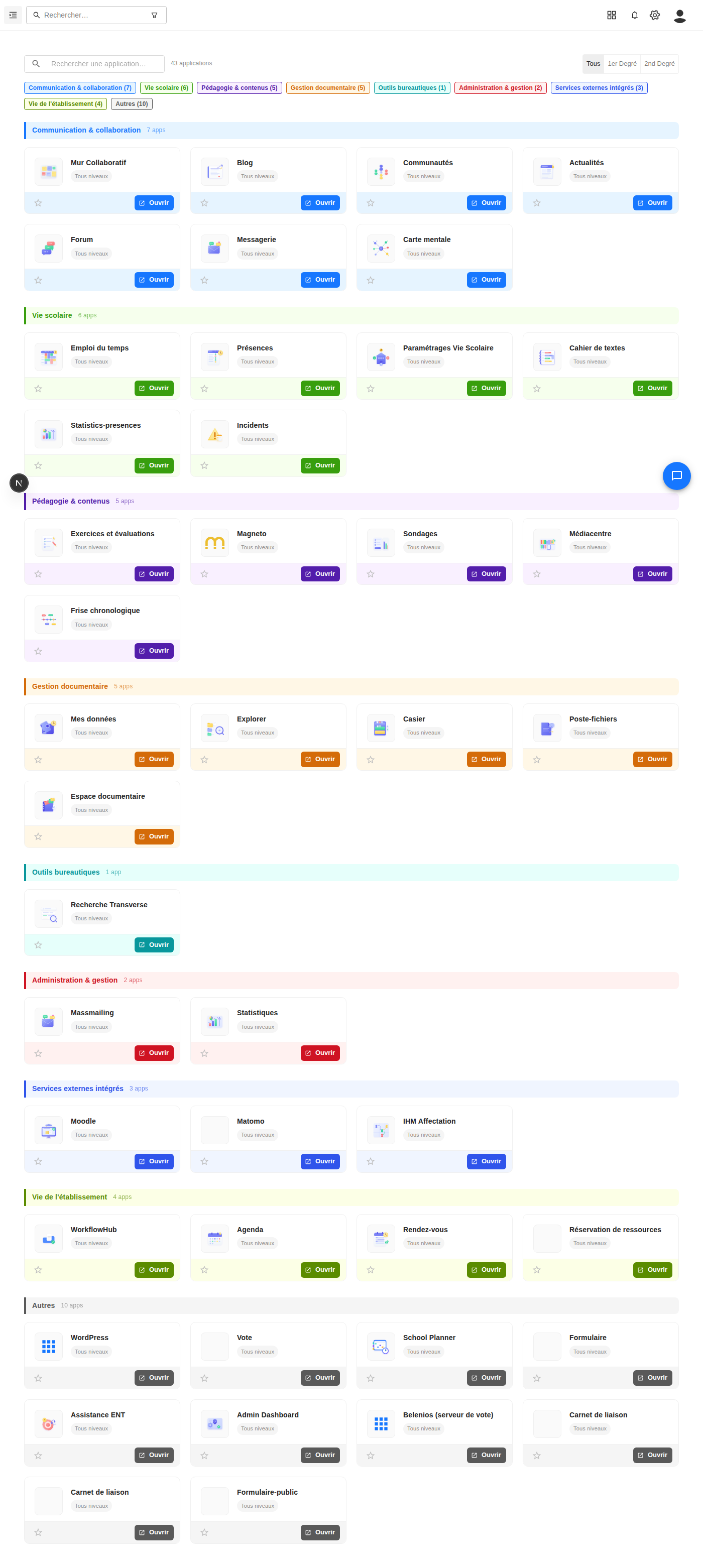 Portail utilisateur : les applications regroupées par catégorie (data-driven)