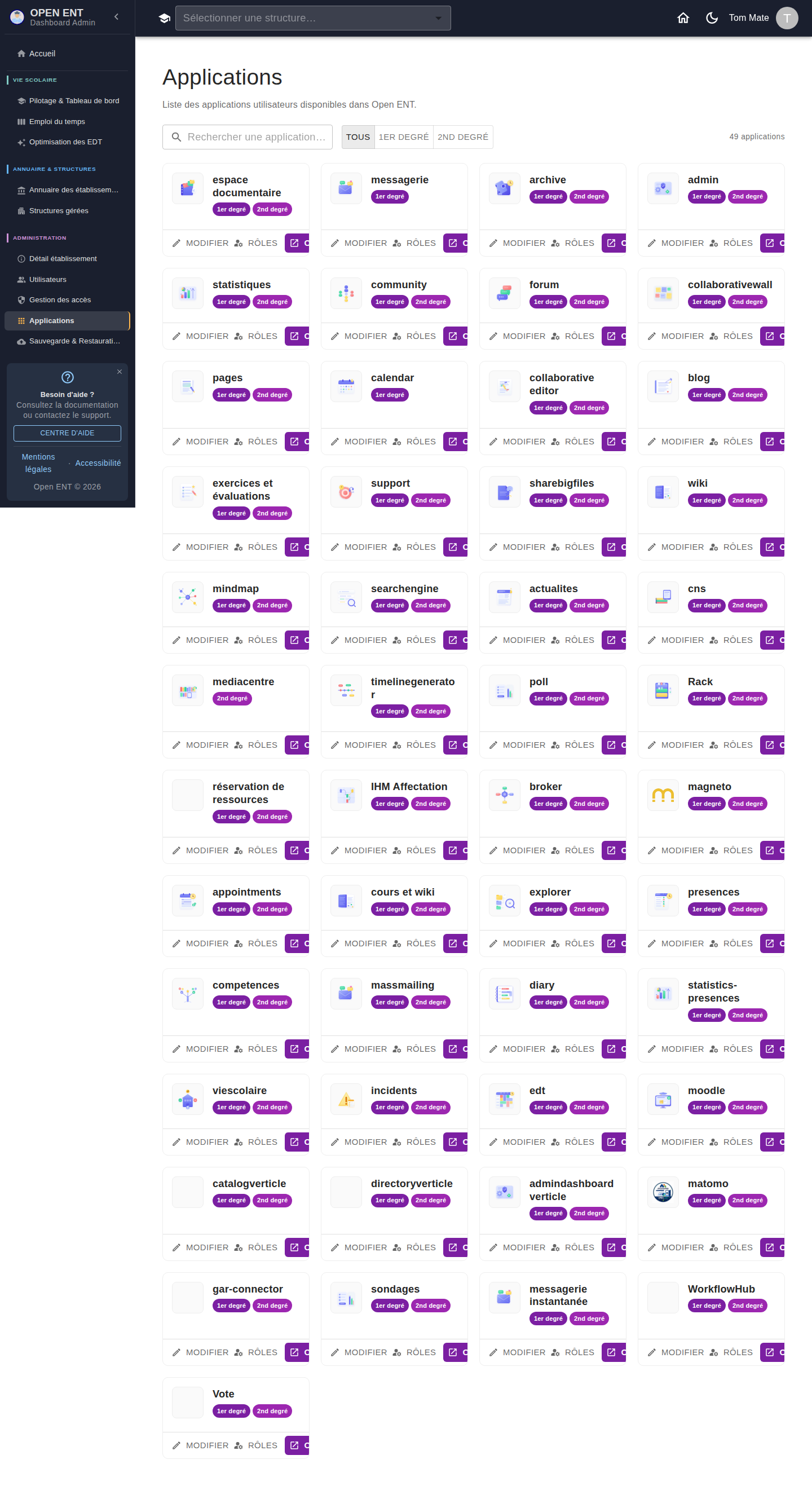 Catalogue des applications de la plateforme — rôles et widgets par application