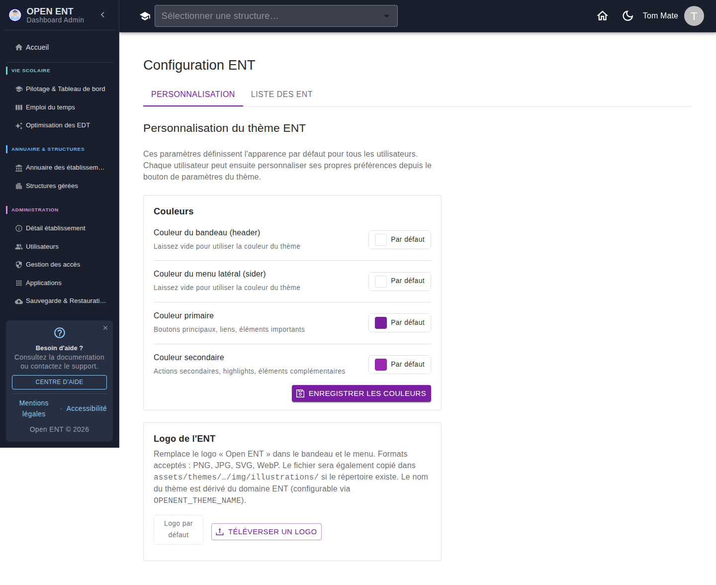 Configuration ENT — personnalisation du thème par défaut et logo