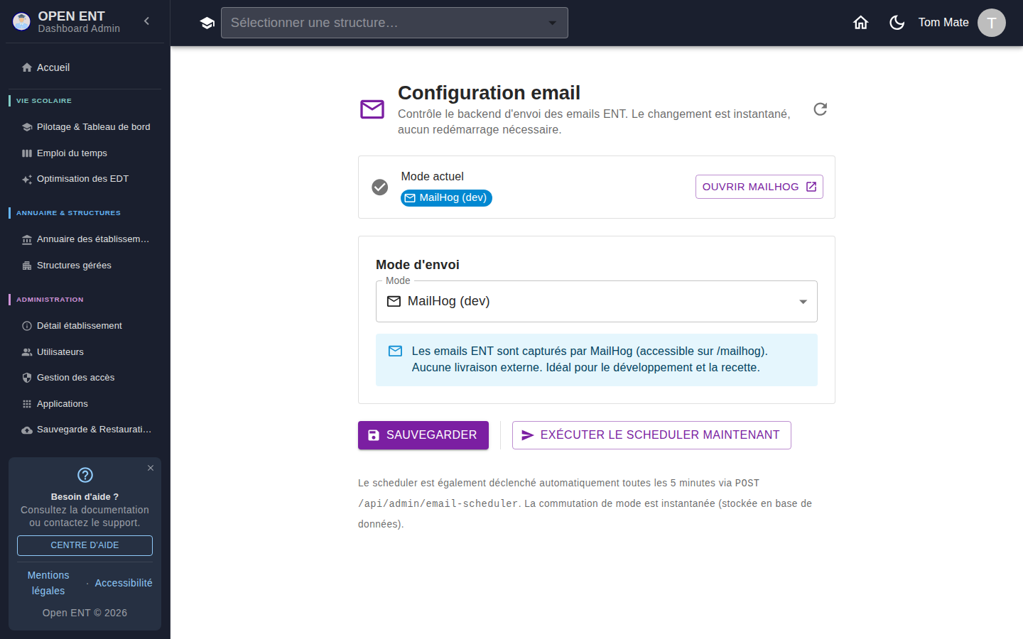 Configuration ENT — backend d'envoi des e-mails