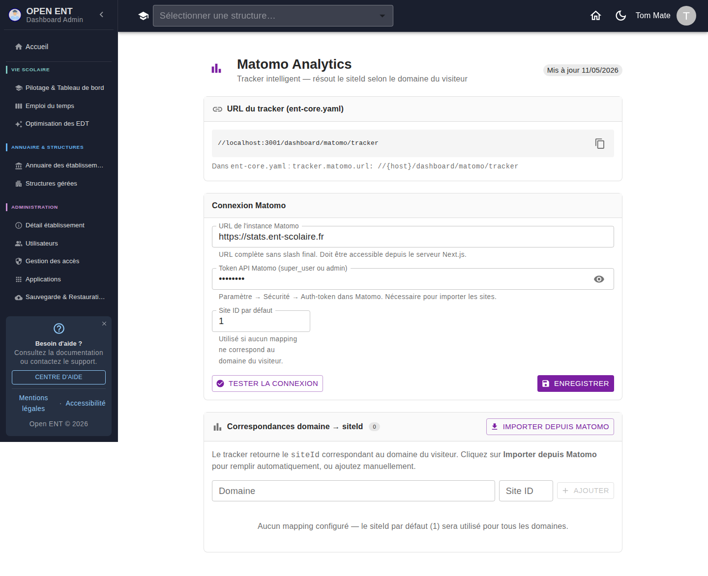 Configuration ENT — connexion Matomo Analytics