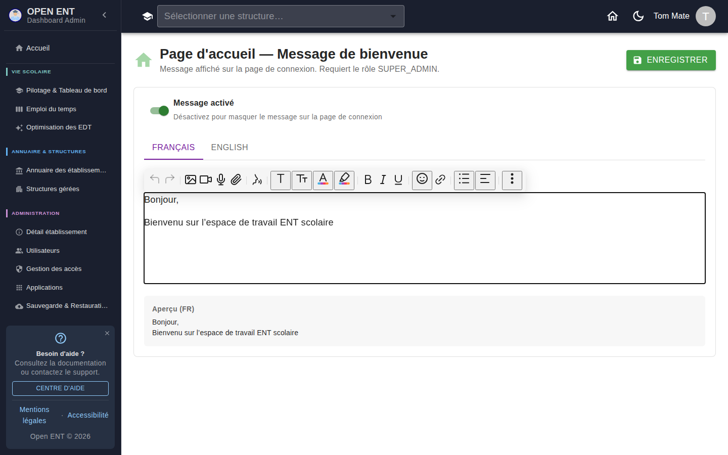 Message de bienvenue de la page de connexion — activation, FR/EN, éditeur enrichi et aperçu