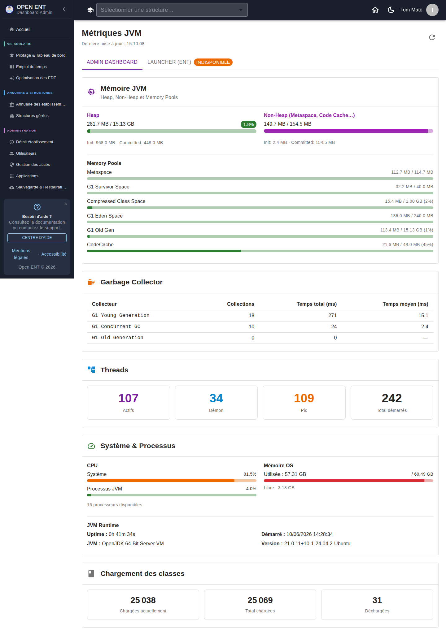Métriques JVM / système — mémoire, garbage collector, threads, CPU, runtime (onglets Admin Dashboard / Launcher ENT)