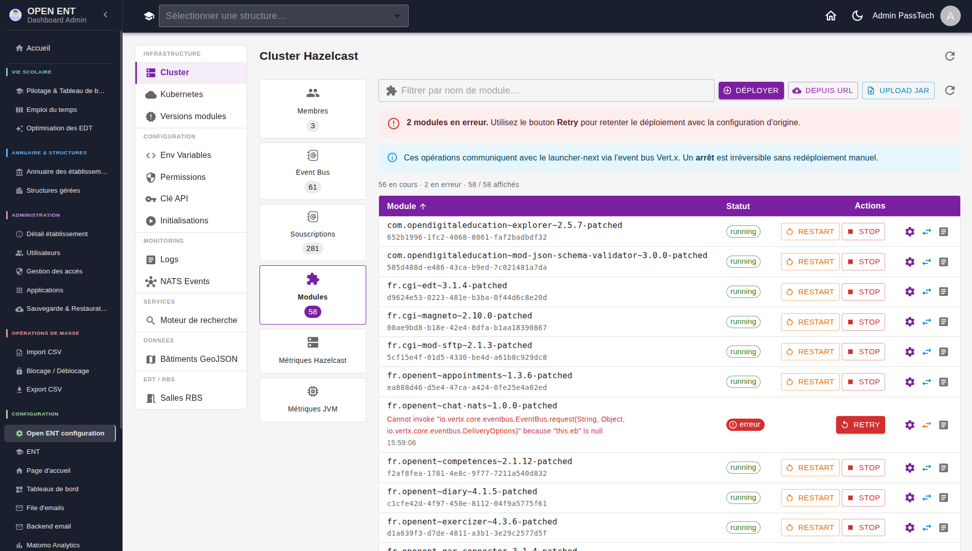 Configuration OpenENT — supervision des applications et des modules Open ENT déployés