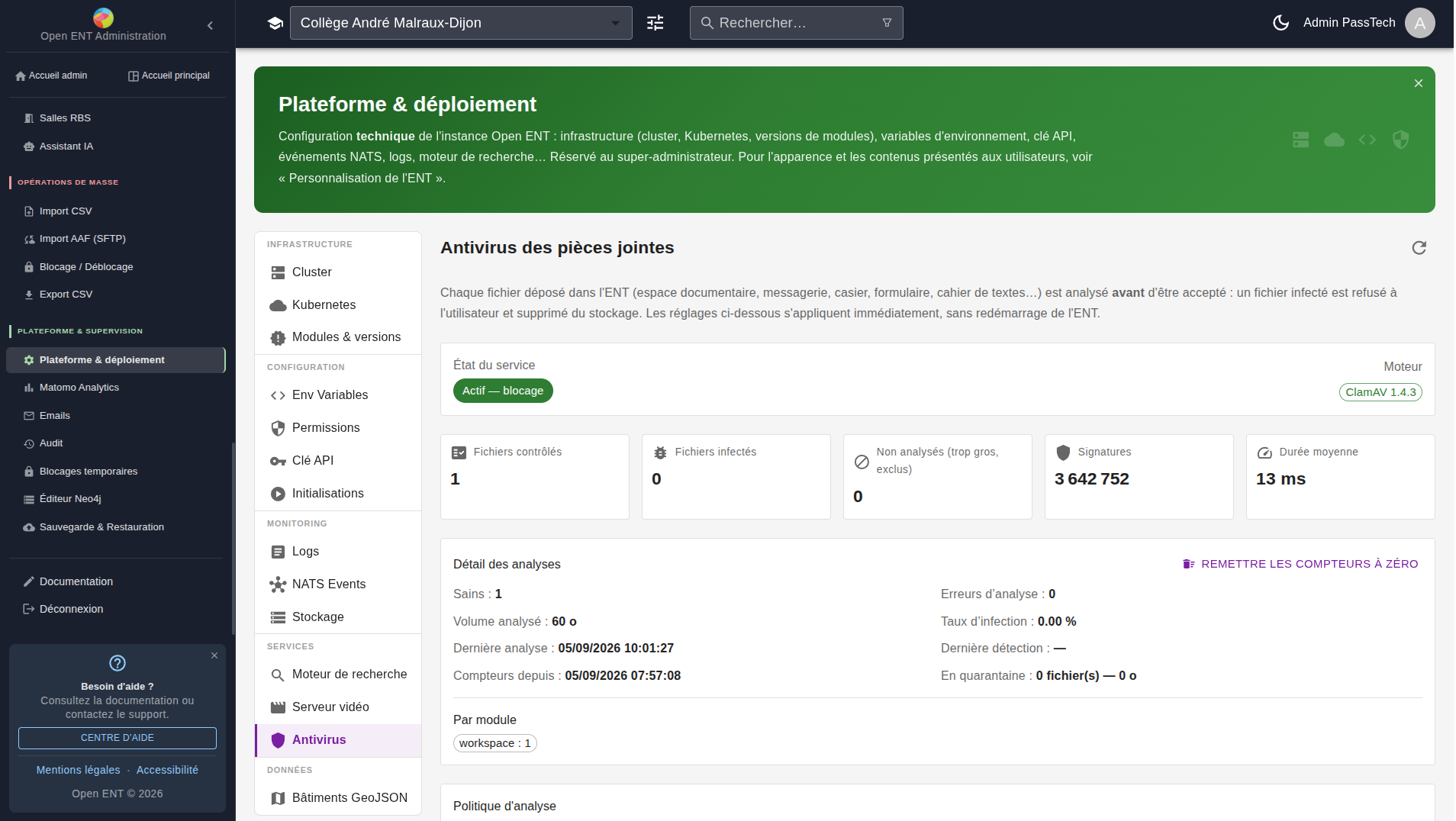 Onglet « Antivirus » — état du moteur, compteurs d'analyse et politique appliquée