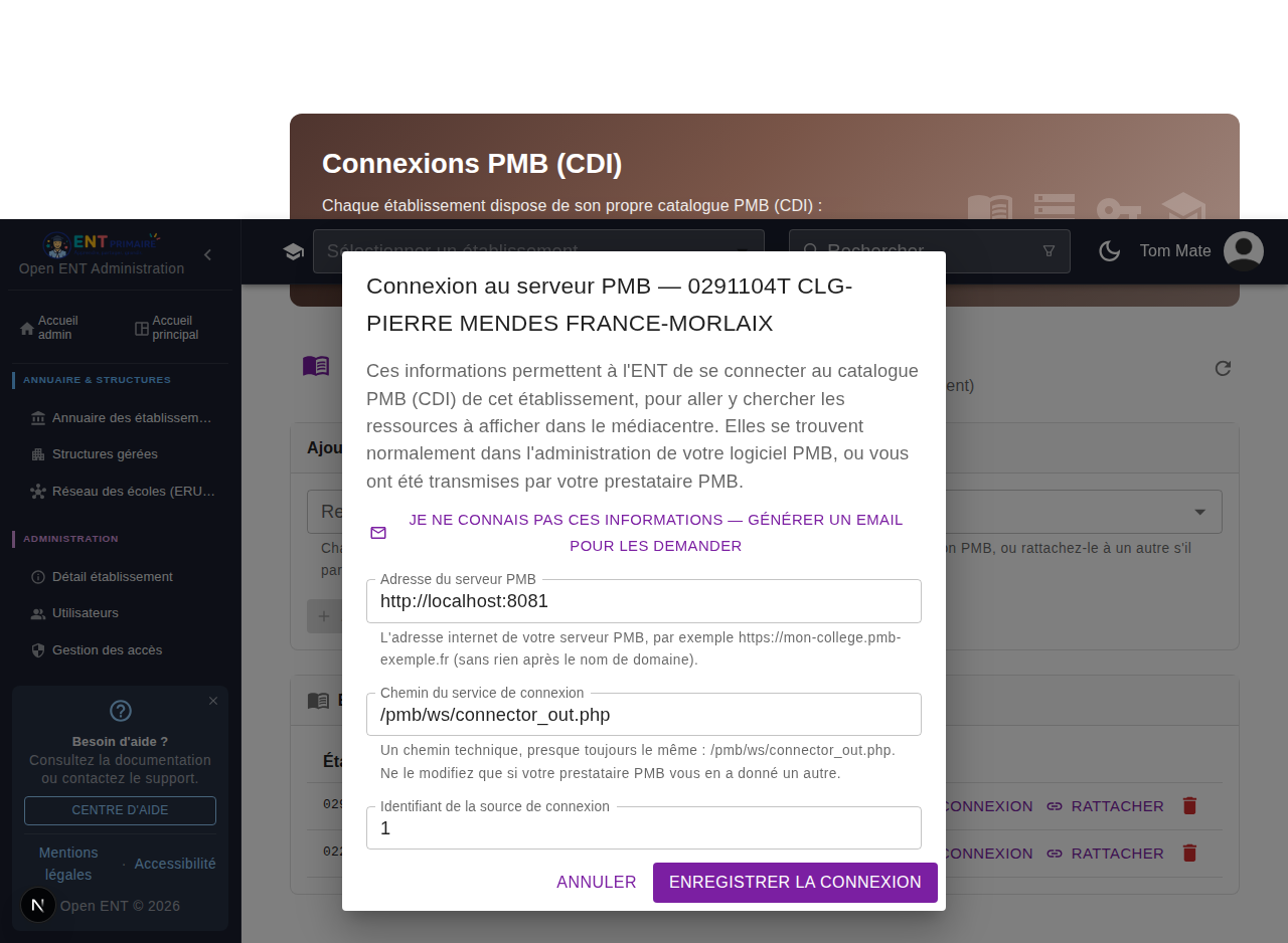 Formulaire de connexion — pré-rempli si déjà configuré, avec explication sous chaque champ
