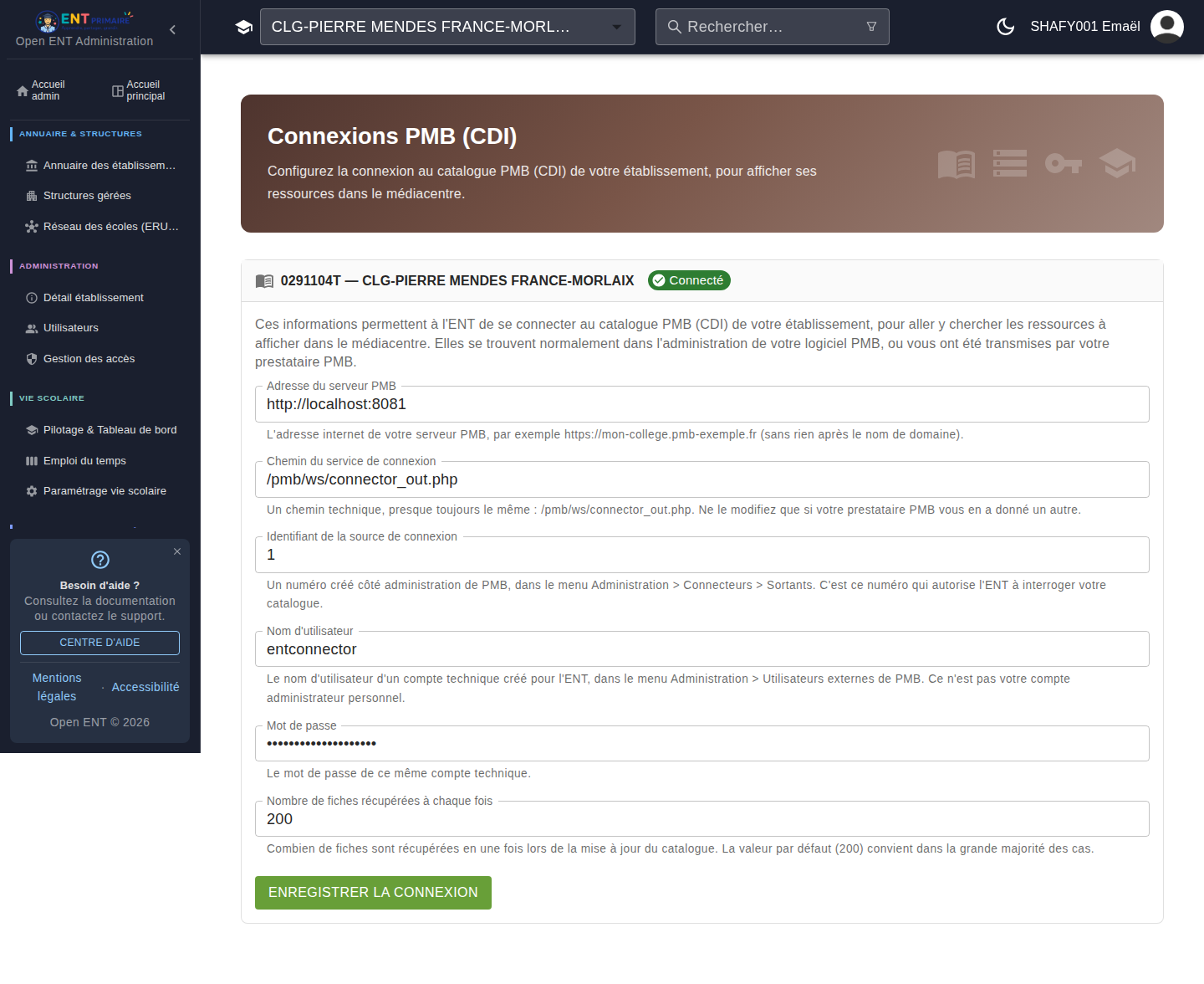Vue administrateur local — connexion de son propre établissement