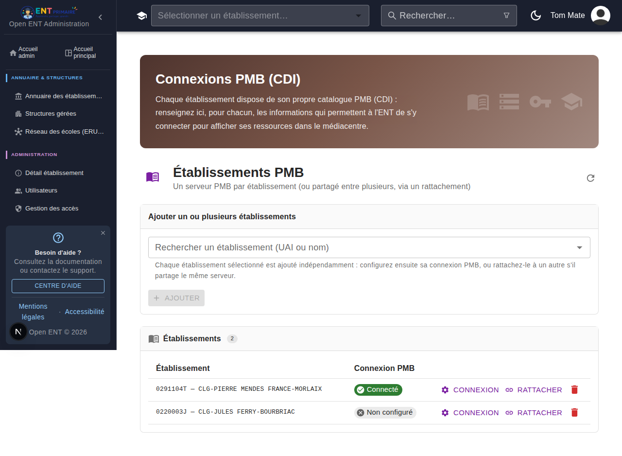 Vue super-administrateur — liste des établissements, avec leur statut de connexion