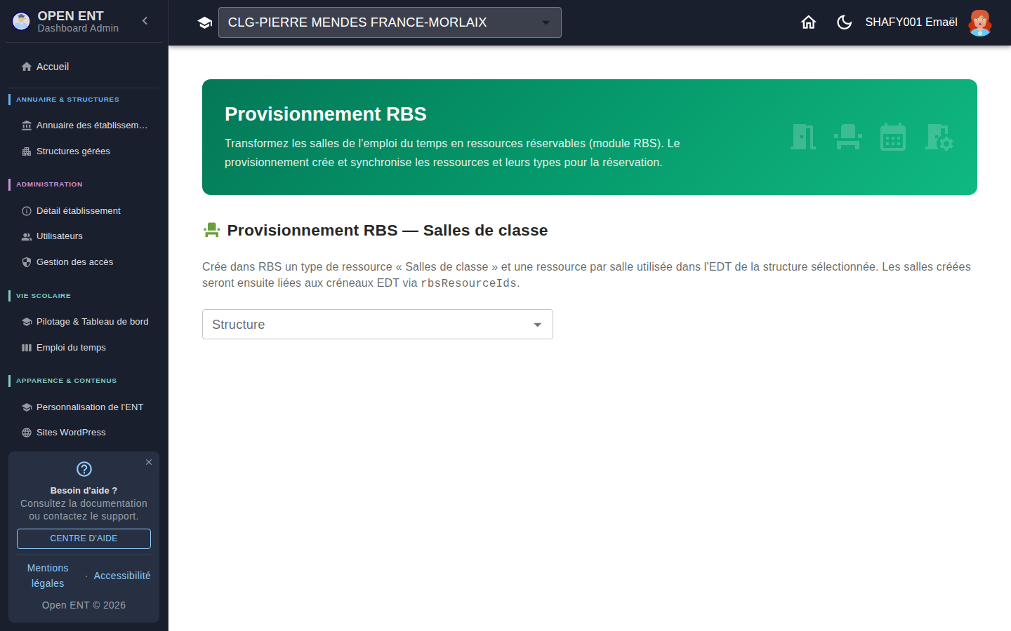 Salles RBS — provisionnement EDT → RBS : sélection de la structure puis création des ressources réservables à partir des salles de l'emploi du temps