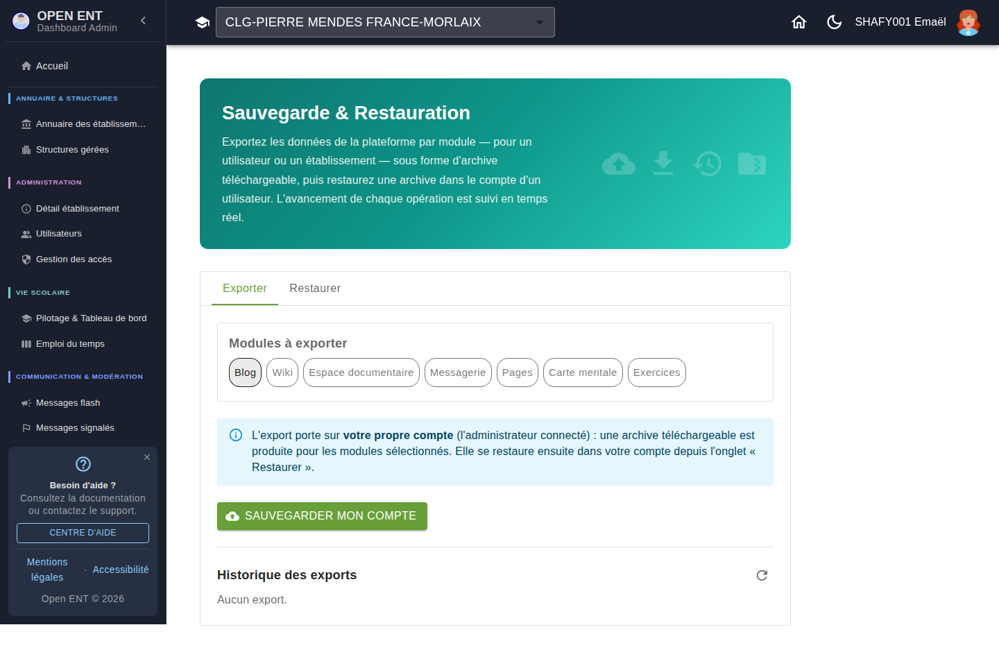 Sauvegarde — onglet « Exporter » : sélection des modules puis « Sauvegarder mon compte », avec l'historique des exports suivi en temps réel