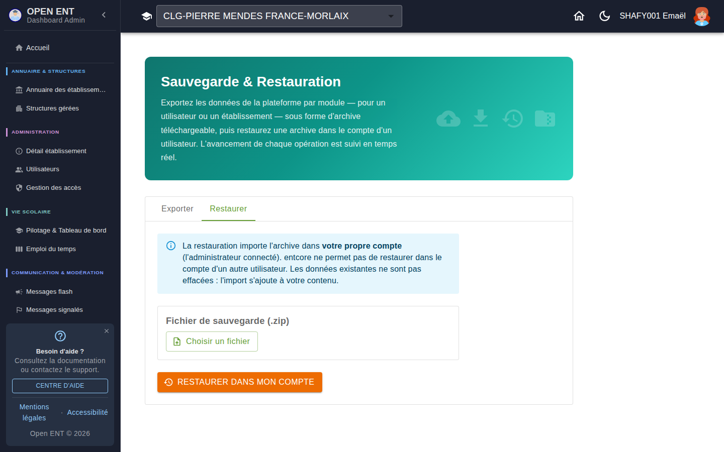 Sauvegarde — onglet « Restaurer » : import d'une archive .zip dans le compte de l'administrateur connecté