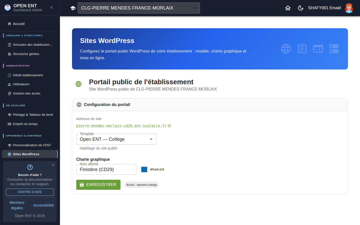 Portail public de l'établissement — configuration du template et de la charte graphique par le chef d'établissement