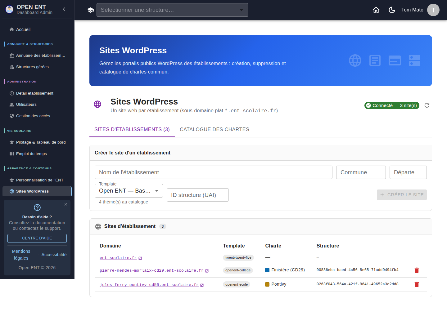 Sites WordPress — onglet « Sites d'établissements » : création d'un site et liste des portails existants (domaine, template, charte, structure)
