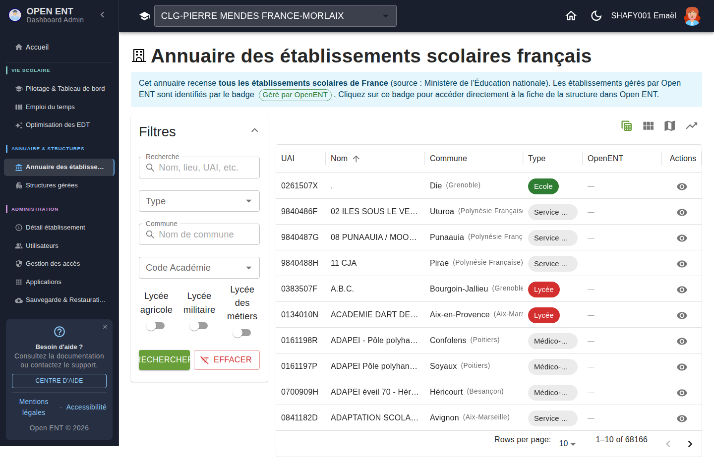 Annuaire national des établissements — recherche et filtres (académie / département / région)