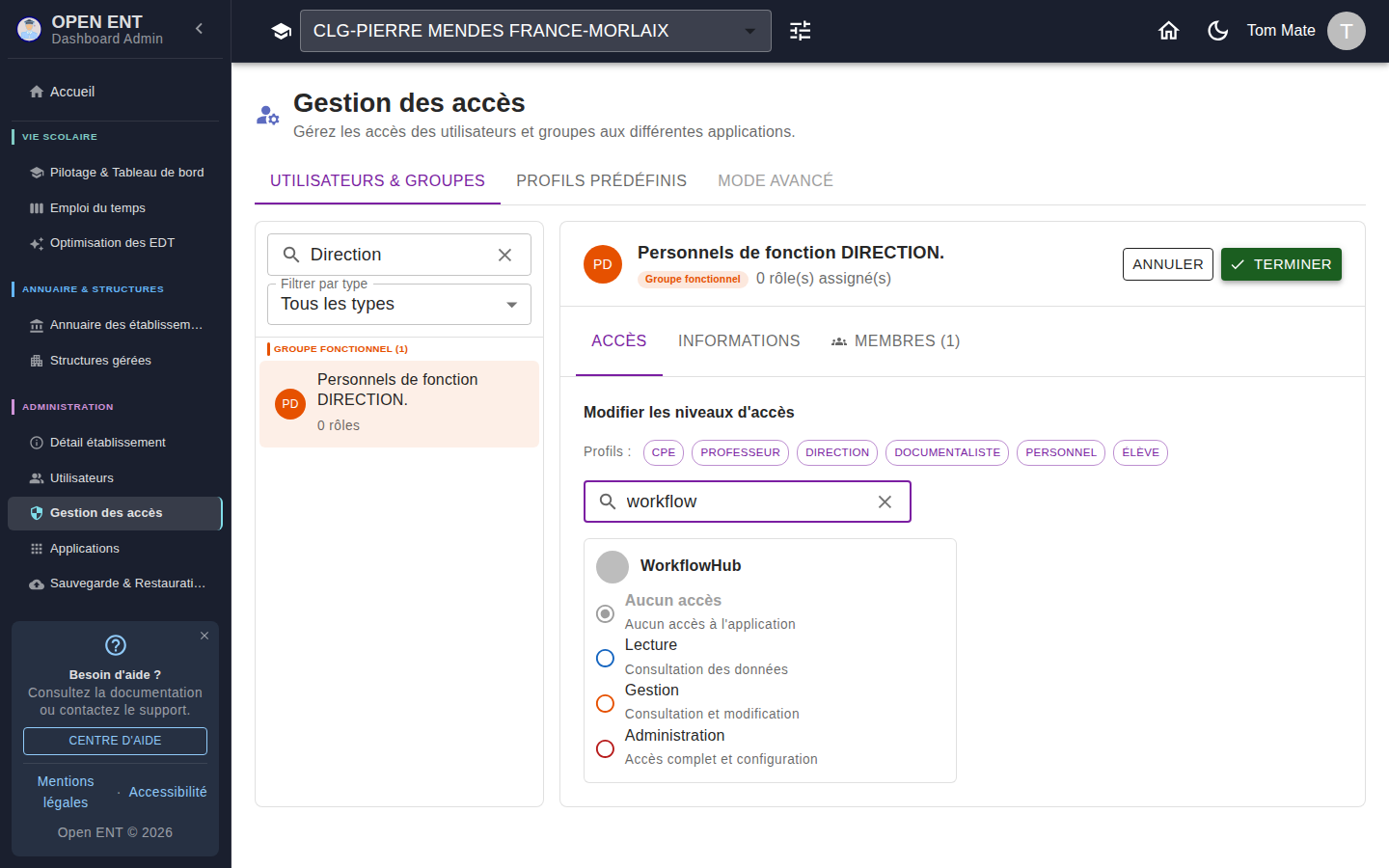 Gestion des accès (collège de référence) — édition d'un groupe : choix du niveau d'accès à l'application WorkflowHub (Aucun accès / Lecture / Gestion / Administration)