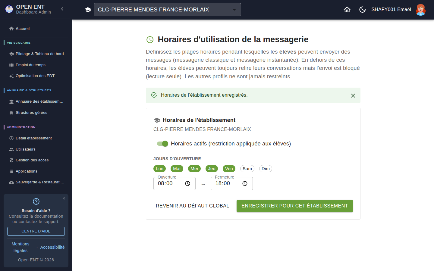 Surcharge par établissement (chef d'établissement) — ici le collège de référence