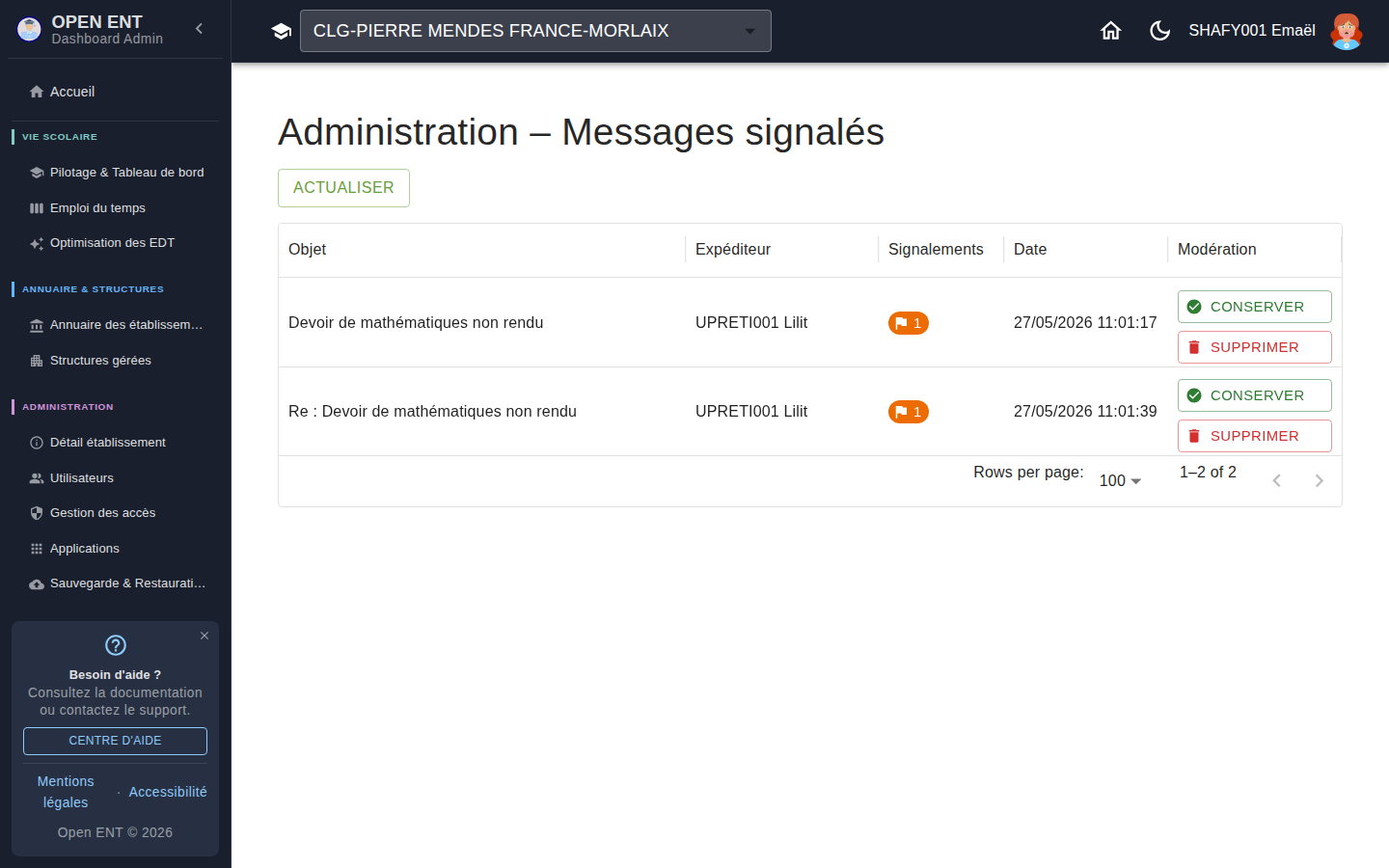 File de modération des messages signalés (chef d'établissement) — objet, expéditeur, nombre de signalements, et actions Conserver / Supprimer