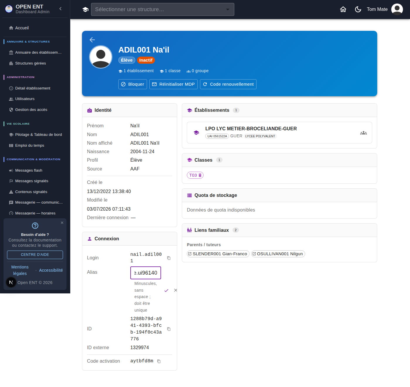 Fiche utilisateur — section « Connexion » : édition de l'alias de connexion d'un élève