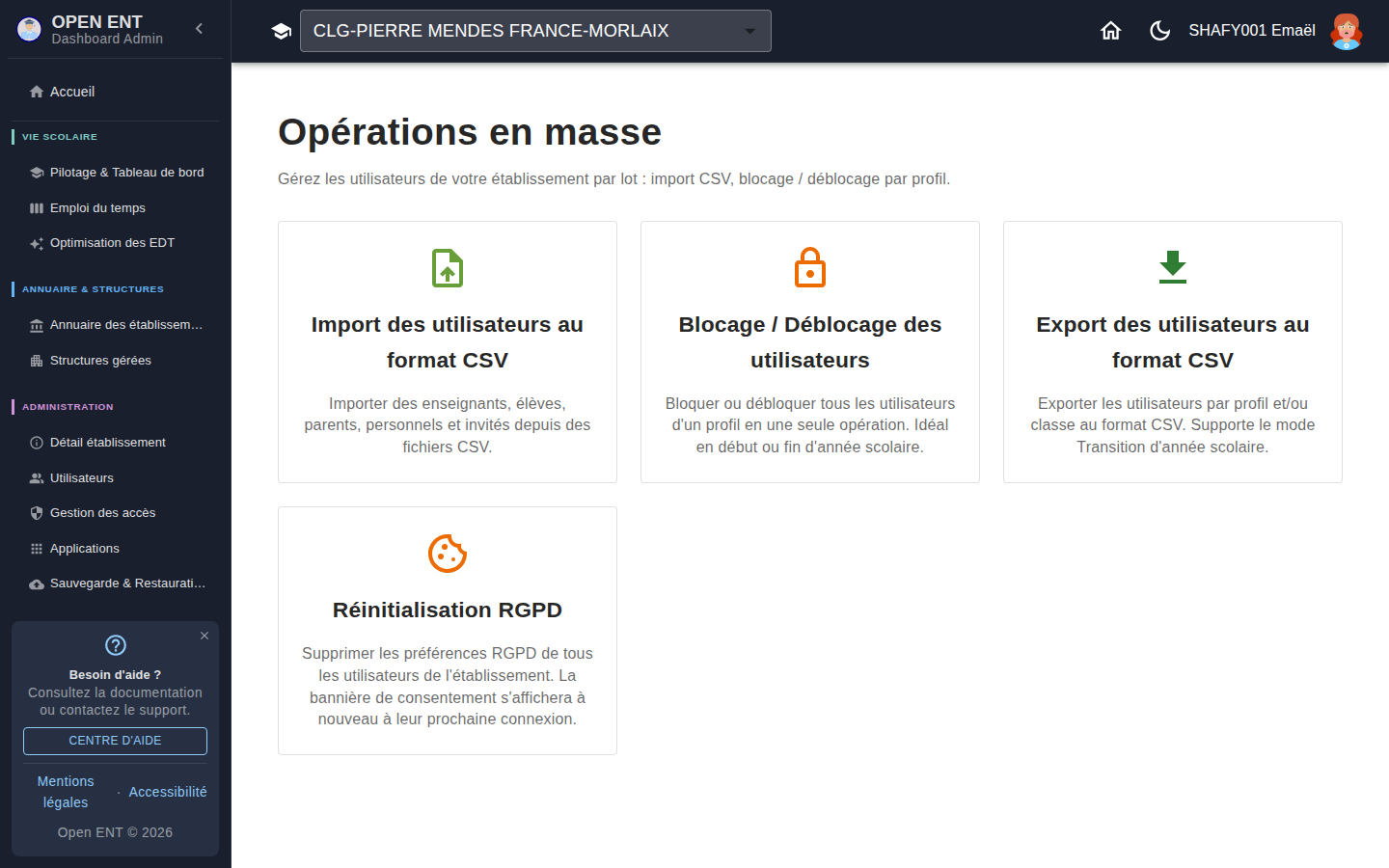Opérations de masse — Import CSV, Blocage / Déblocage, Export CSV, Réinitialisation RGPD