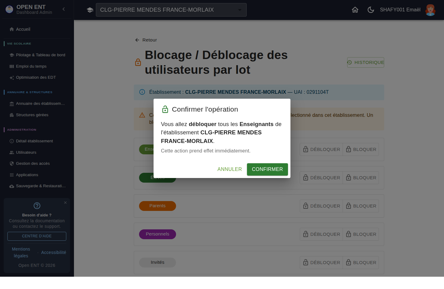 Confirmation avant blocage / déblocage d'un profil entier