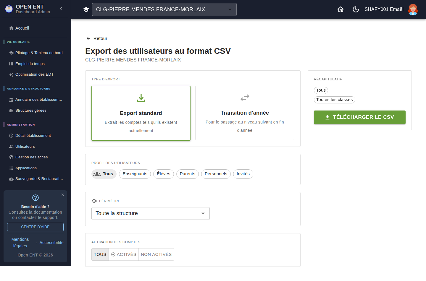 Export CSV — type d'export, profil, périmètre, activation, puis Télécharger le CSV