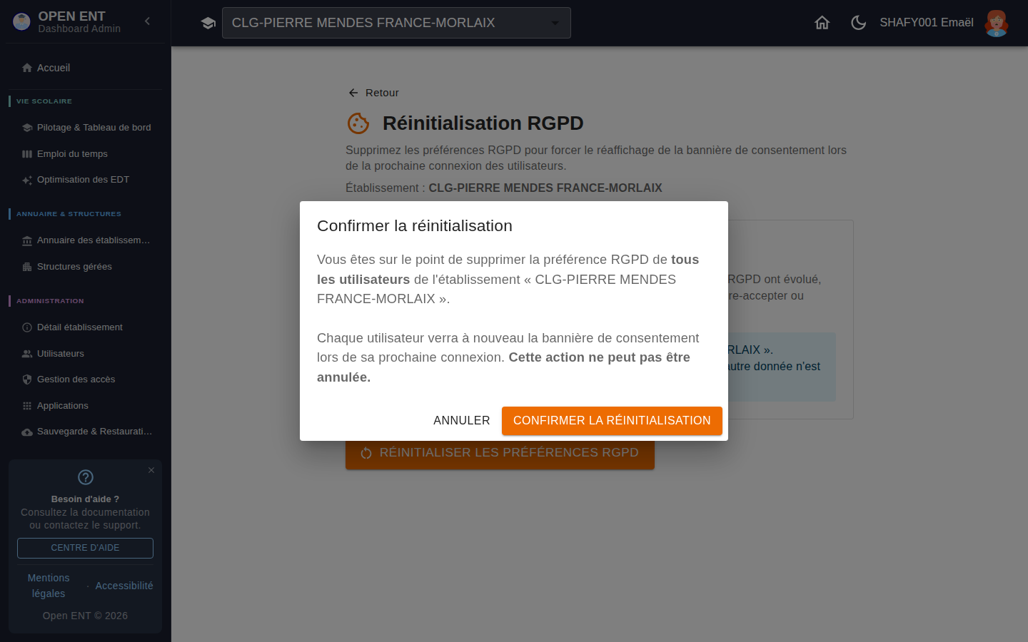 Réinitialisation RGPD — confirmation (périmètre établissement) avant réaffichage de la bannière de consentement
