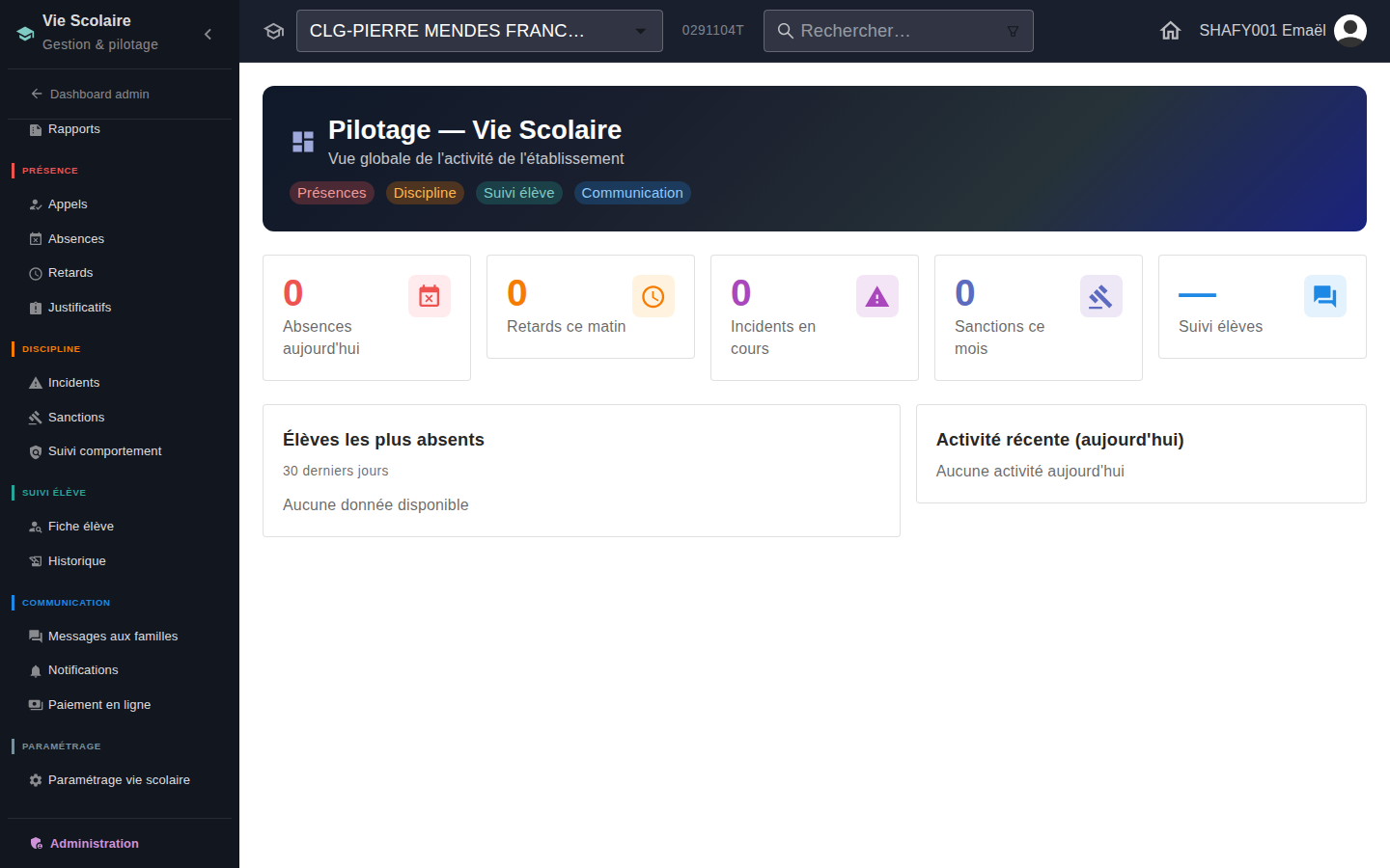 Nouvelle section « Paramétrage » dans la sidebar de l'espace Vie scolaire (dashboard)