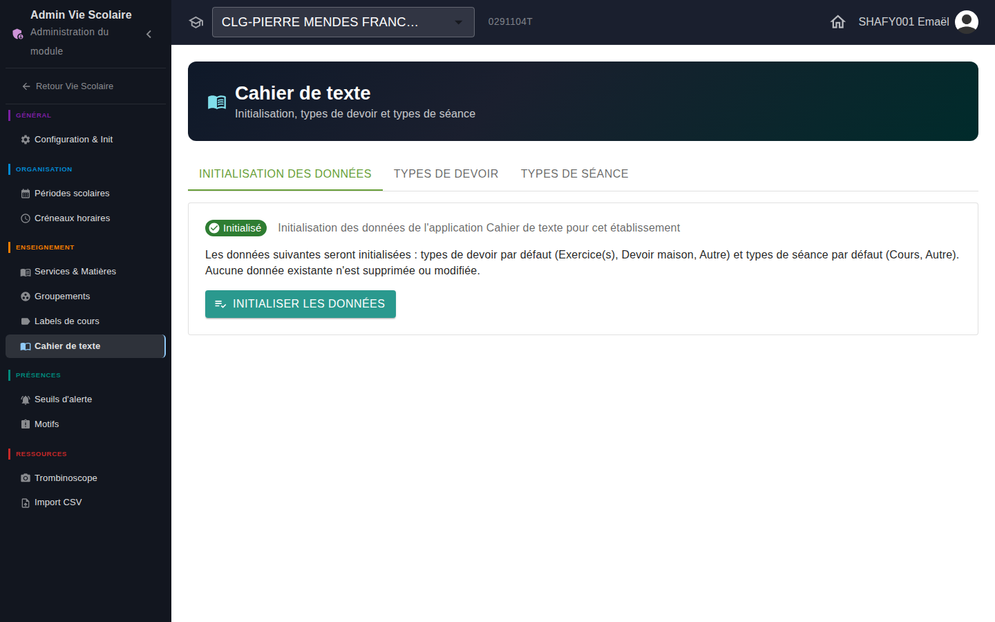 Cahier de texte — statut d'initialisation des données pour l'établissement