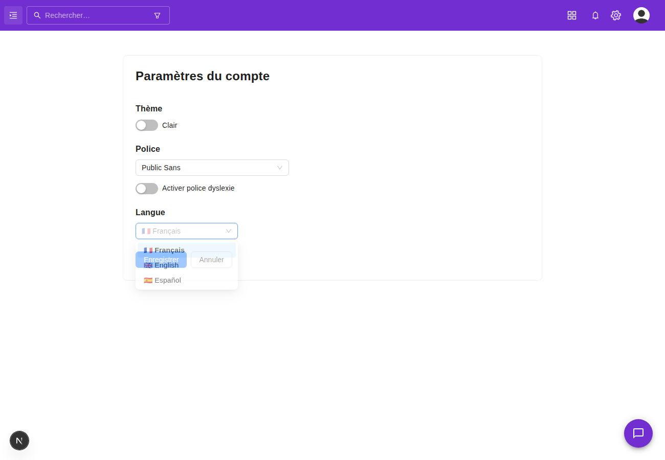 Paramètres du compte — sélection de la langue de l'interface (Français / English / Español)