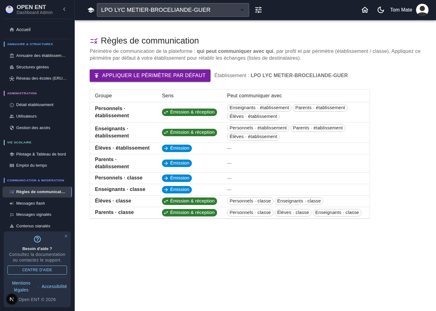 Règles de communication : matrice du périmètre par défaut (groupe, sens émission/réception, groupes joignables) et bouton d'application à l'établissement