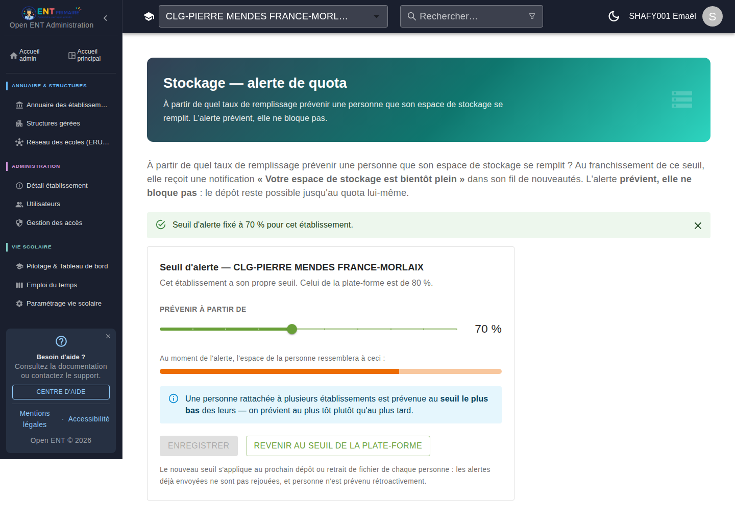 Seuil abaissé à 70 % pour un établissement : l'aperçu montre la jauge telle qu'elle sera au moment de l'alerte