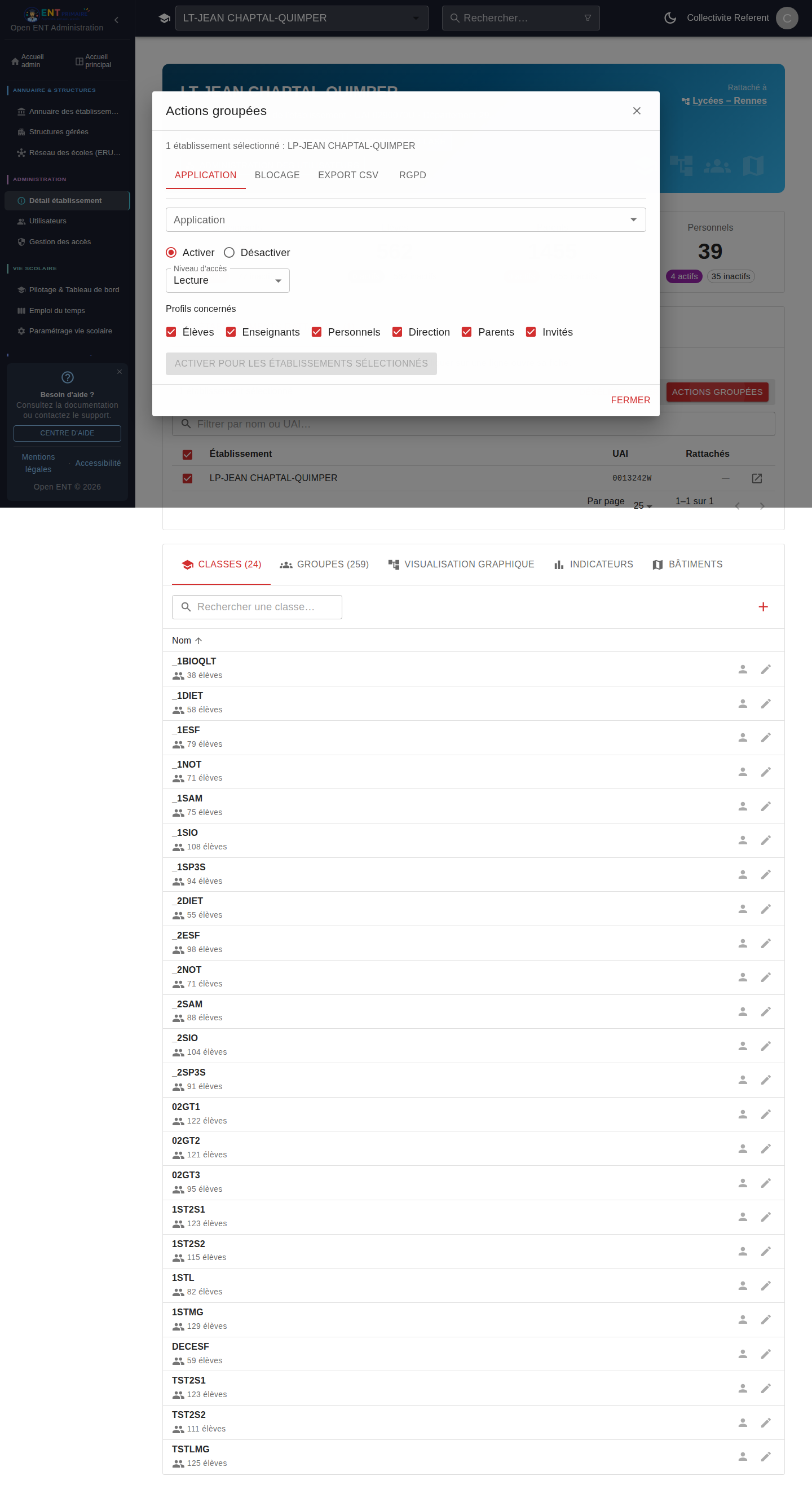 Dialogue d'actions groupées — onglets Application / Blocage / Export CSV / RGPD