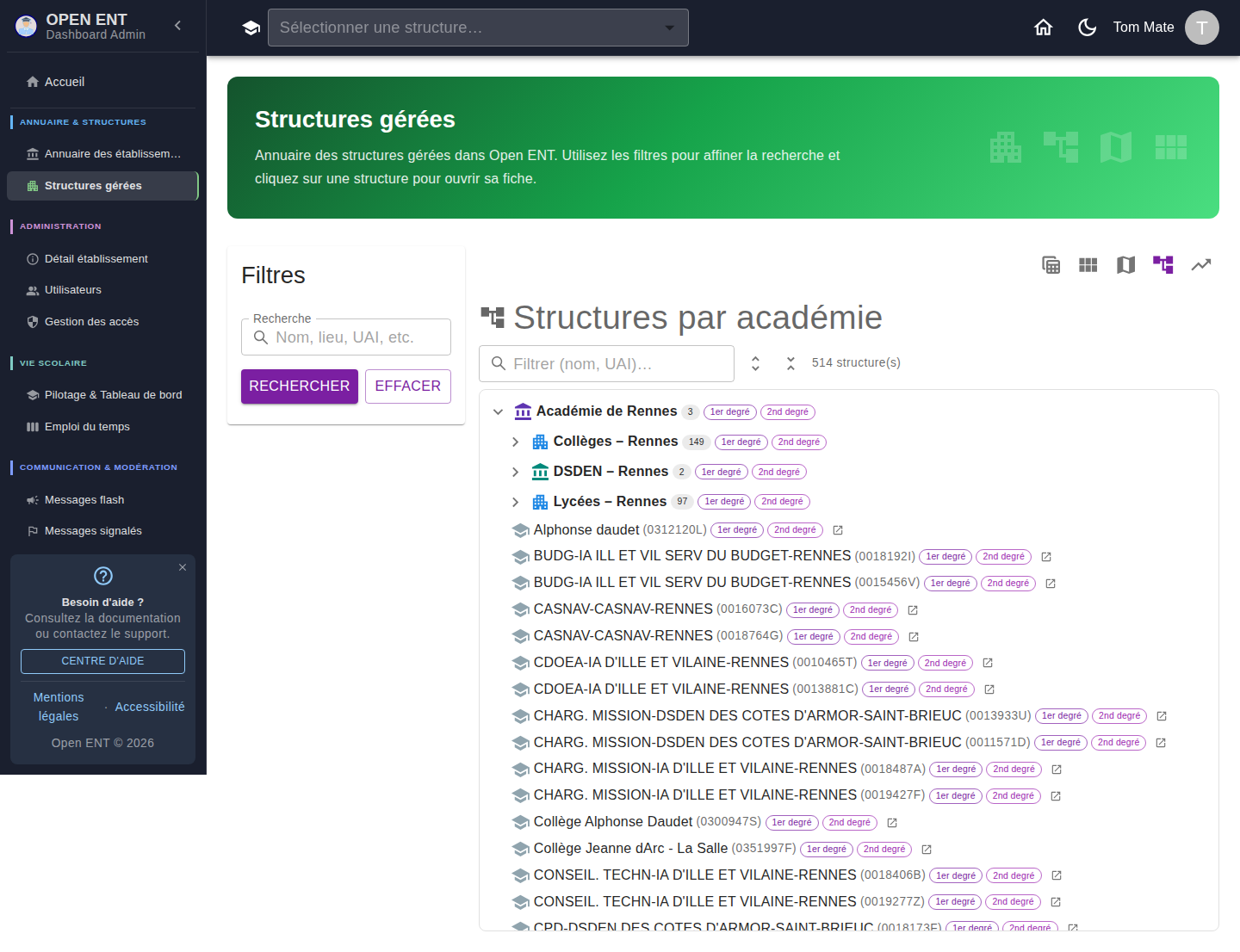 Vue arborescence : Académie de Rennes → Collèges / Lycées / DSDEN (écoles), avec compteurs et degrés