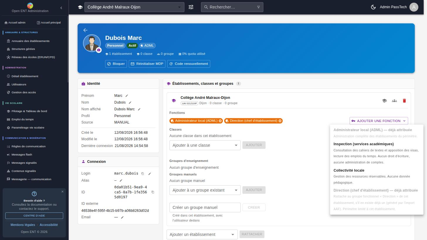 Fiche utilisateur → « Ajouter une fonction » : Administrateur local (ADML), Inspection, Collectivité locale et Direction (chef d'établissement) — ici, ADML et Direction sont déjà attribuées à ce compte.