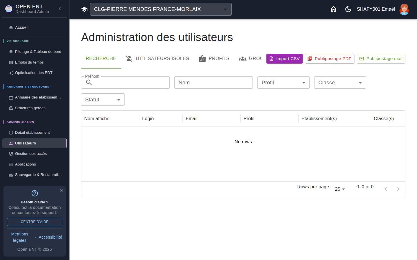 Administration des utilisateurs — la liste s'affiche après avoir choisi un établissement et lancé une recherche (filtres prénom / nom / profil / classe / statut) ; onglets Recherche, Profils, Groupes, Import CSV, Publipostage