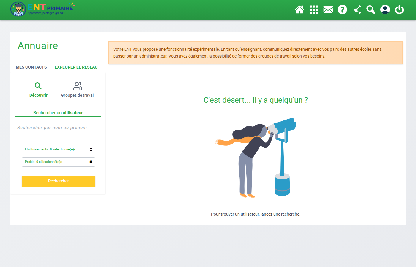 « Explorer le réseau » : Découvrir / Groupes de travail, filtres Établissements et Profils