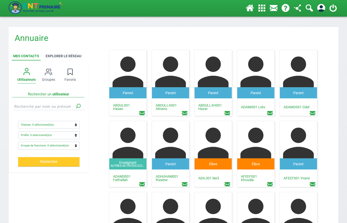 Annuaire — onglets « Mes contacts » et  « Explorer le réseau »