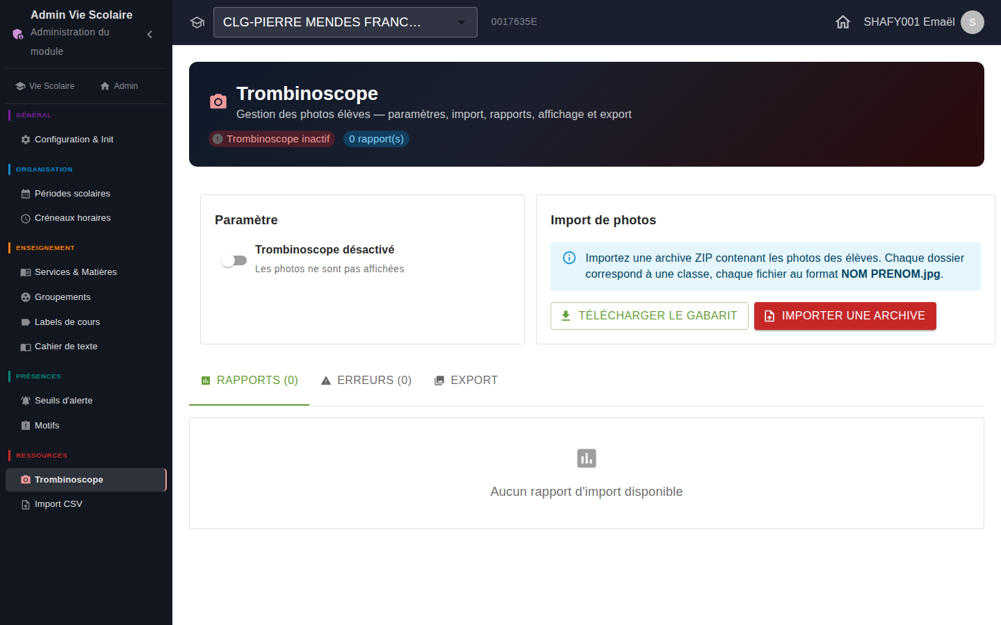 Page Trombinoscope : activation, import de photos, et onglets Rapports / Erreurs / Export