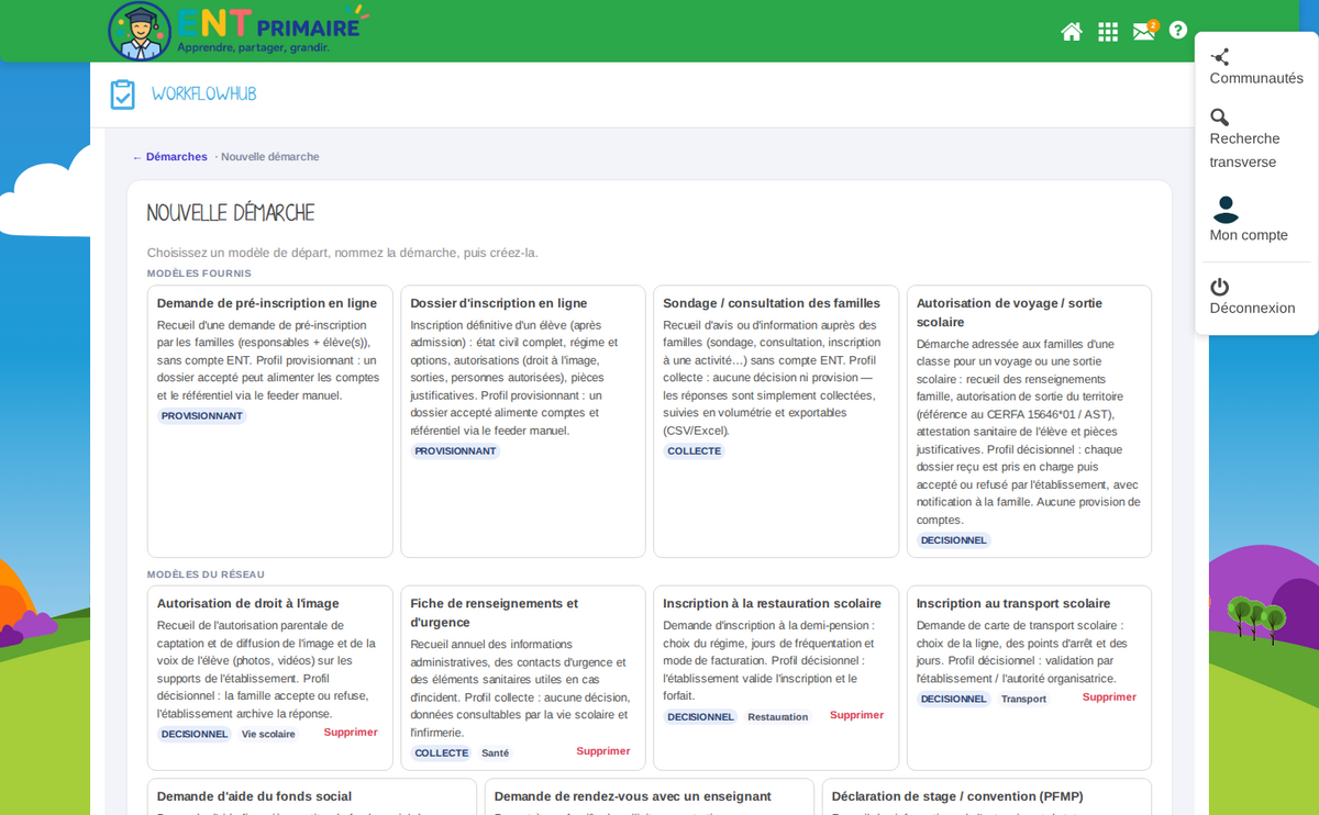 Sélecteur d'un nouveau formulaire : rubrique « Modèles du réseau » (sept modèles, chacun marqué de son type de workflow)
