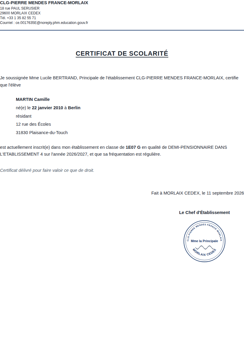 Certificat de scolarité produit depuis l'annuaire : identité, classe et régime de l'élève, en-tête et cachet de l'identité de l'établissement