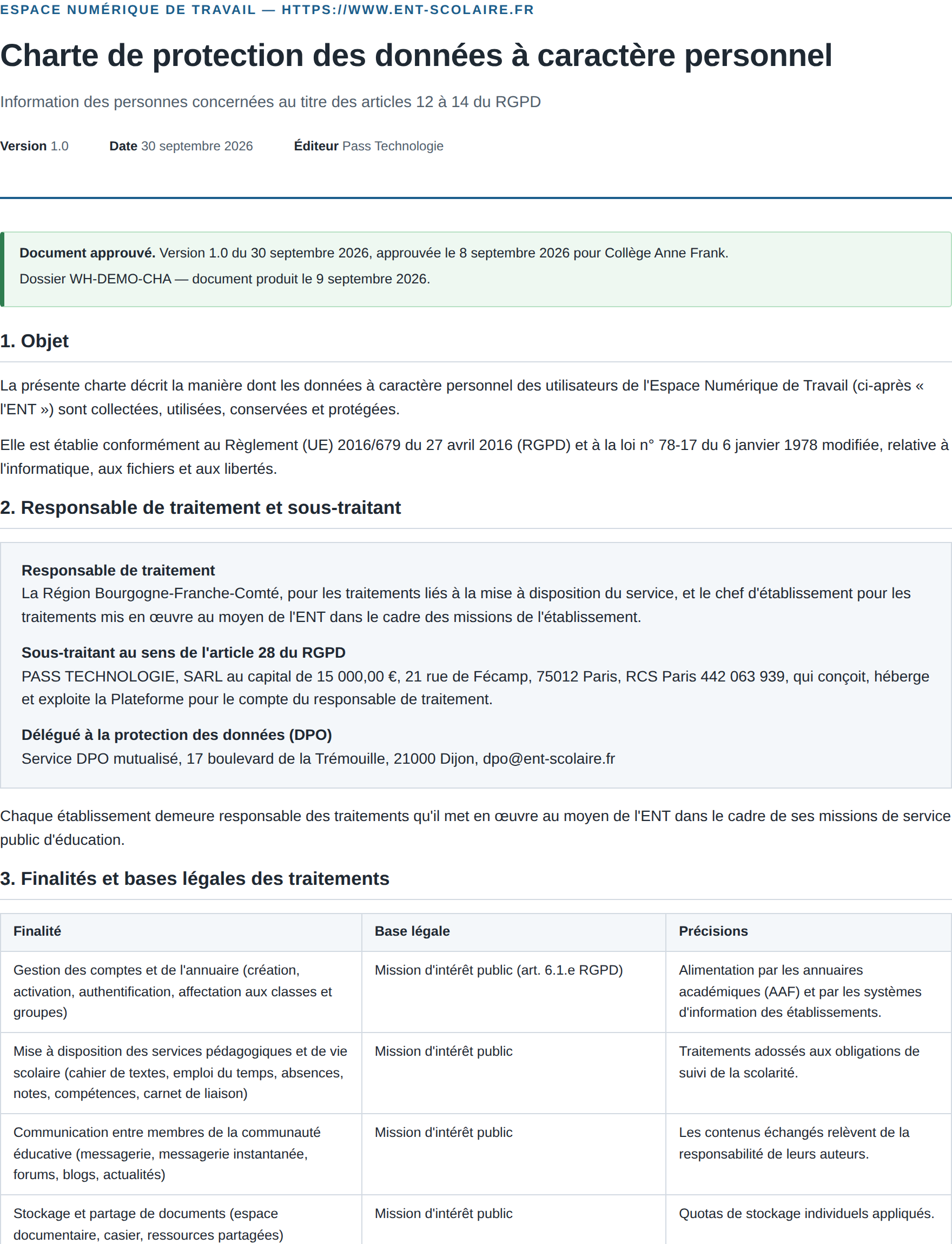 Charte de protection des données : responsable de traitement, sous-traitant et délégué à la protection des données renseignés au formulaire