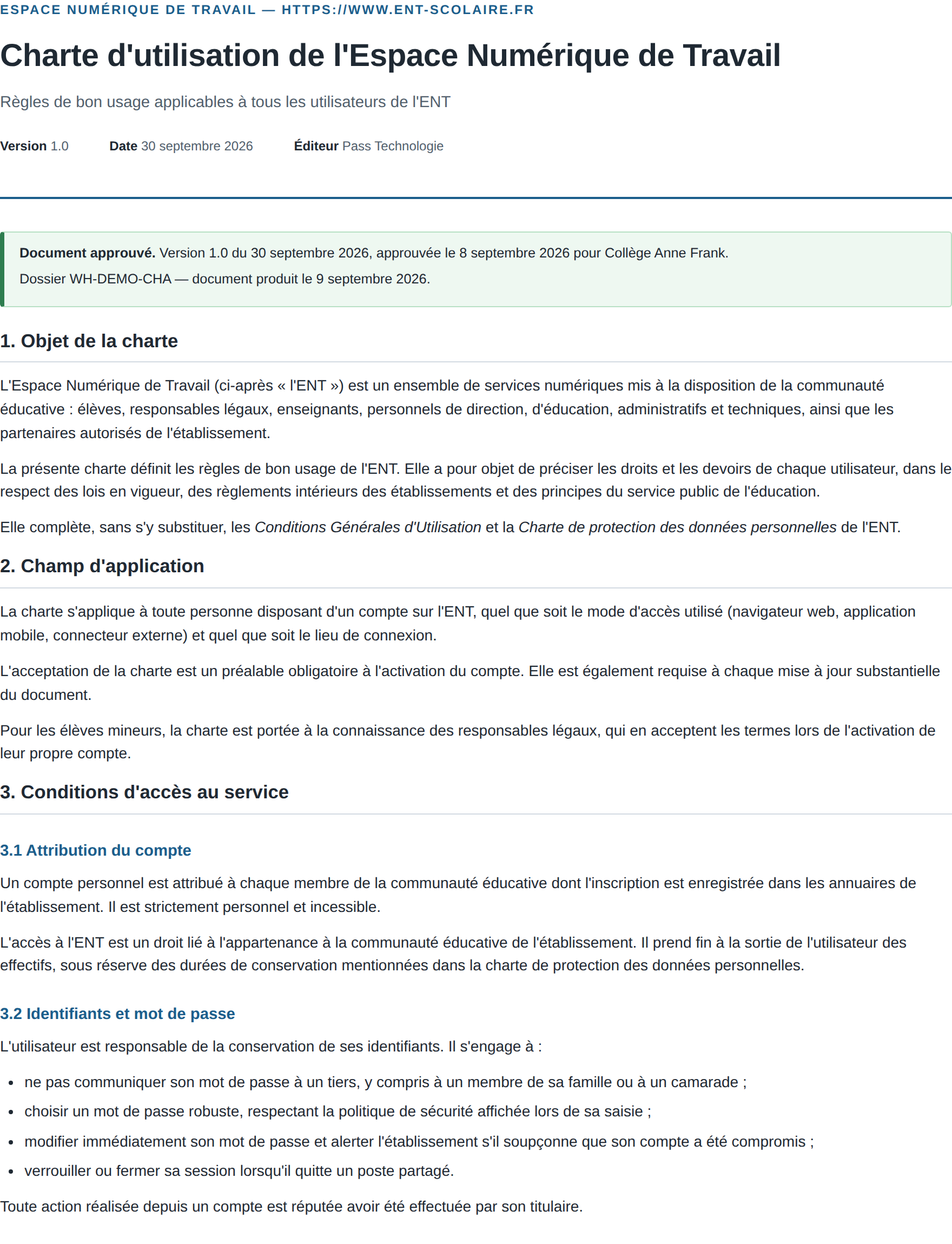 Charte d'utilisation de l'ENT, celle que l'utilisateur accepte à l'activation de son compte