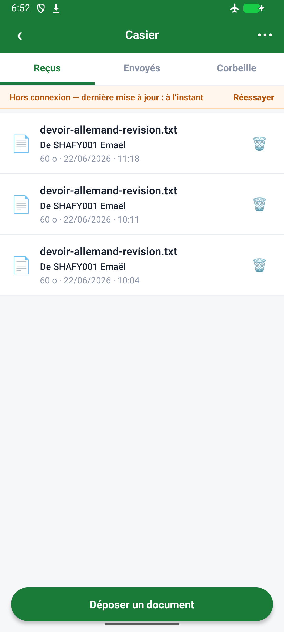 Mode avion : le casier affiche ses documents connus et l'annonce
